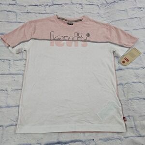 Levis T-Shirt GIRLS M Pink White Colorblock Logo Short Sleeve Tee